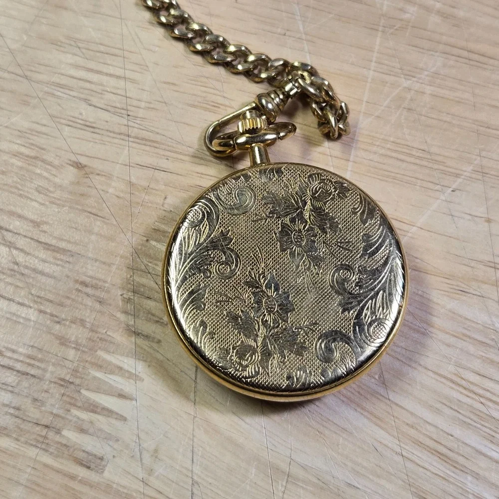 Vintage? Jules Jurgensen Gold Plated white dial Quartz Pocket Watch w/ Chain